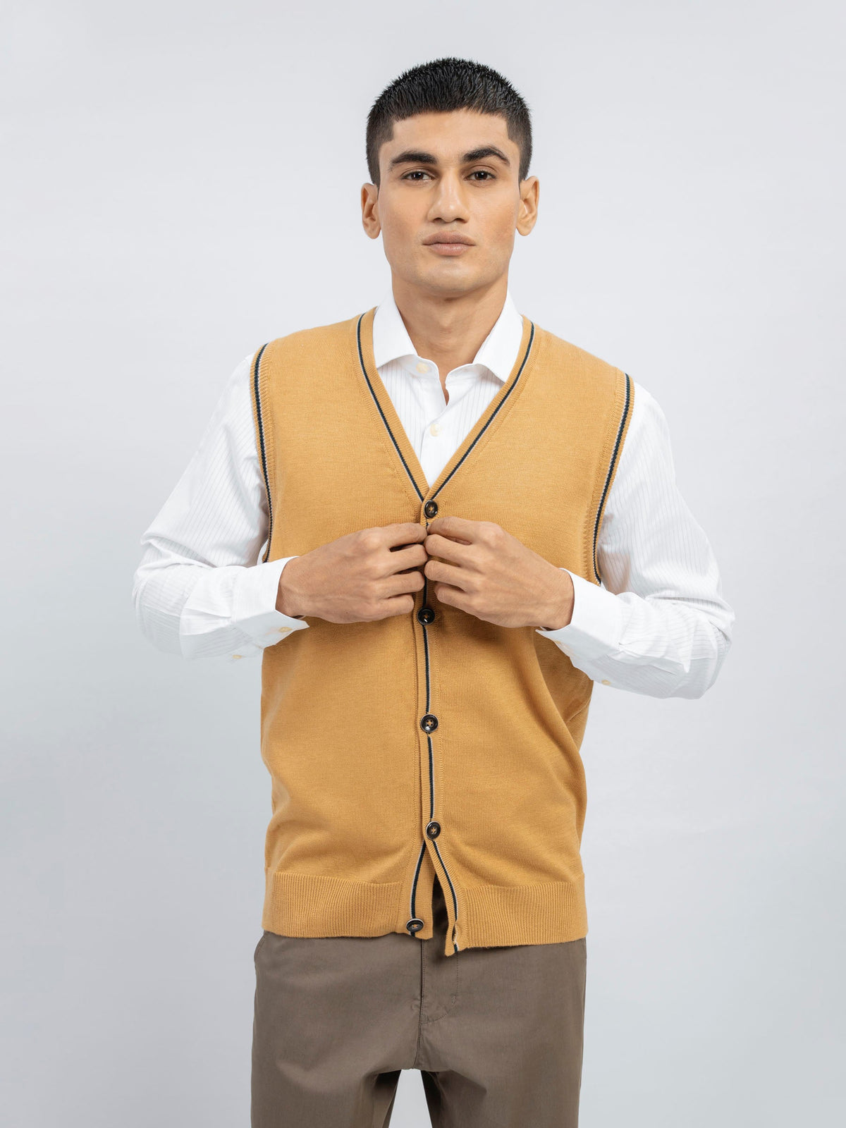 Mustard Wool Blended Sleeveless Cardigan