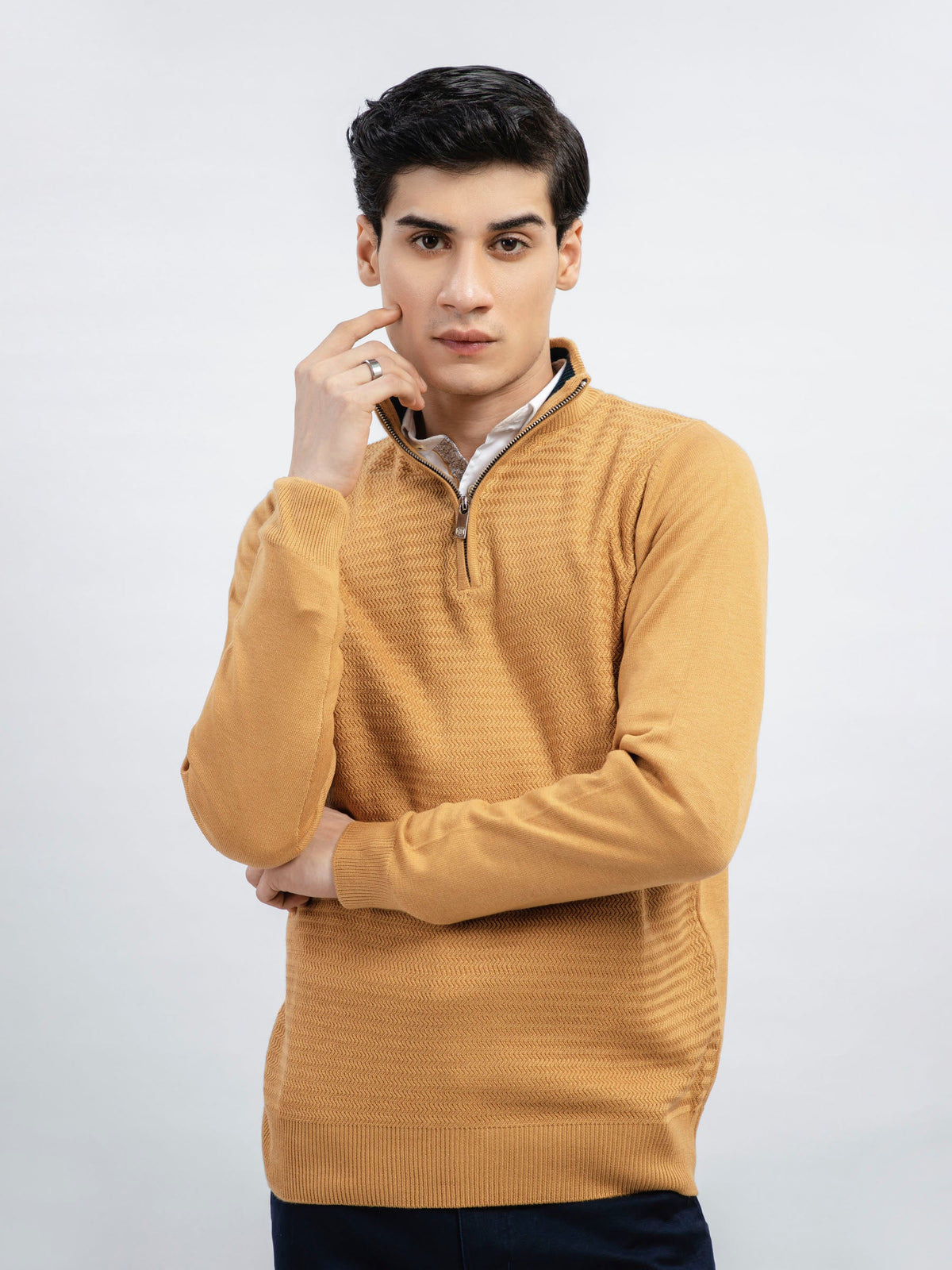 Mustard Wool Textured Half-Zip Sweater