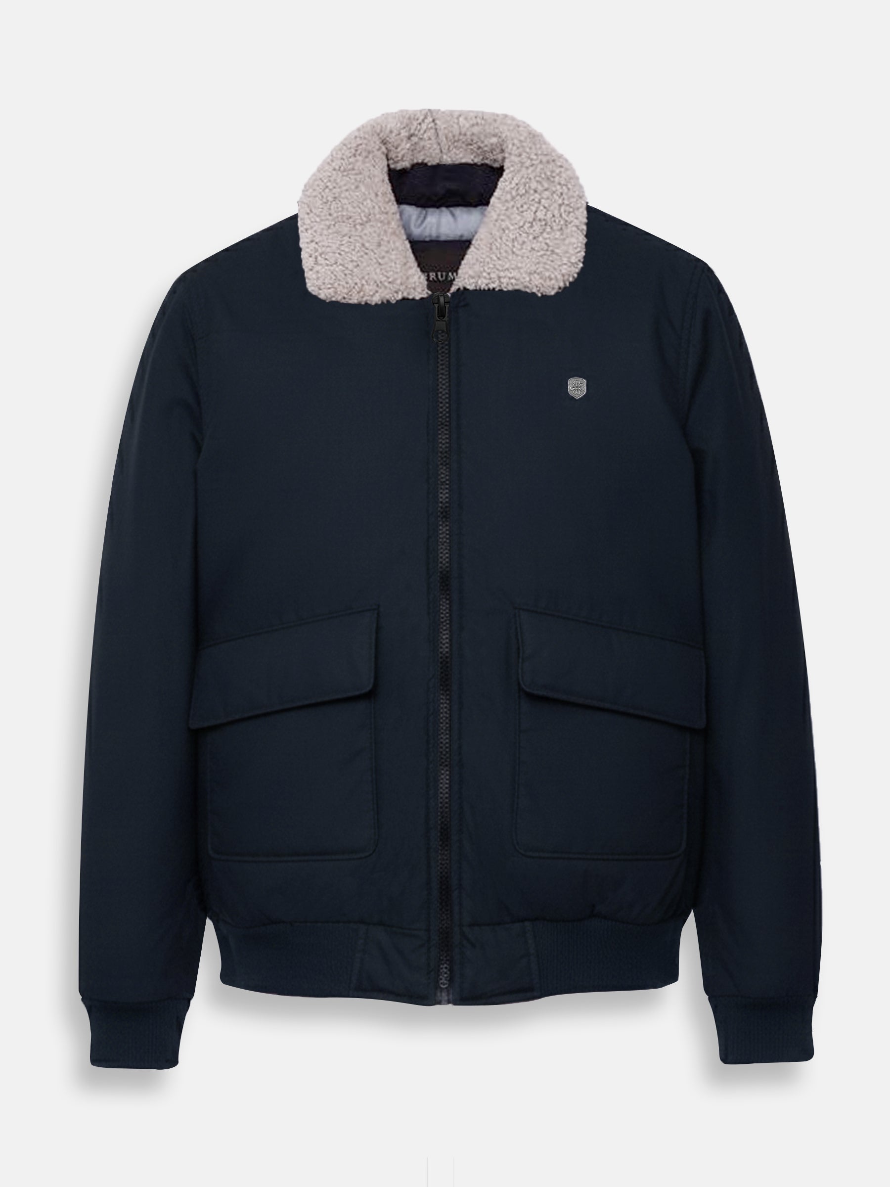Navy Blue Aviator Jacket With Beige Sherpa Collar