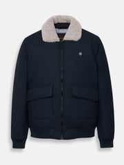 Navy Blue Aviator Jacket With Beige Sherpa Collar