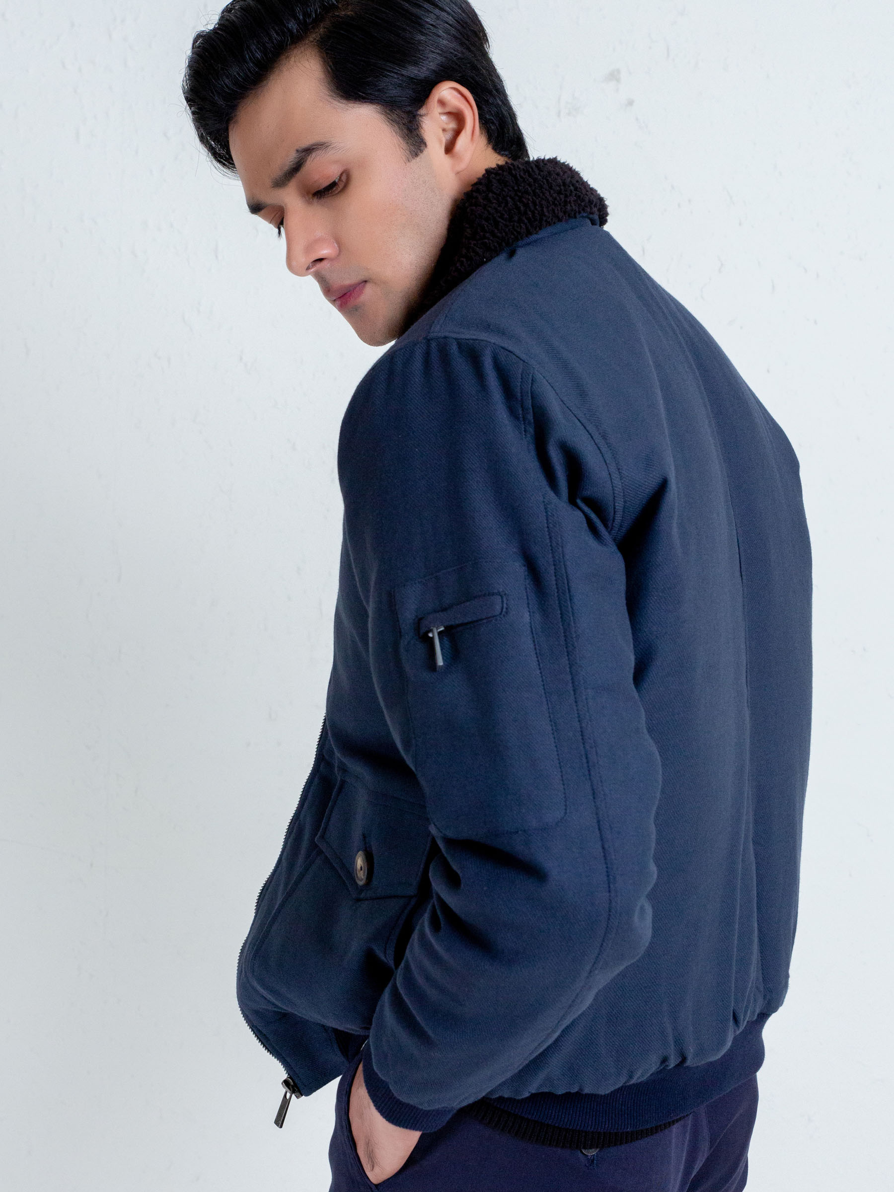 Navy Blue Aviator Jacket With Sherpa Collar
