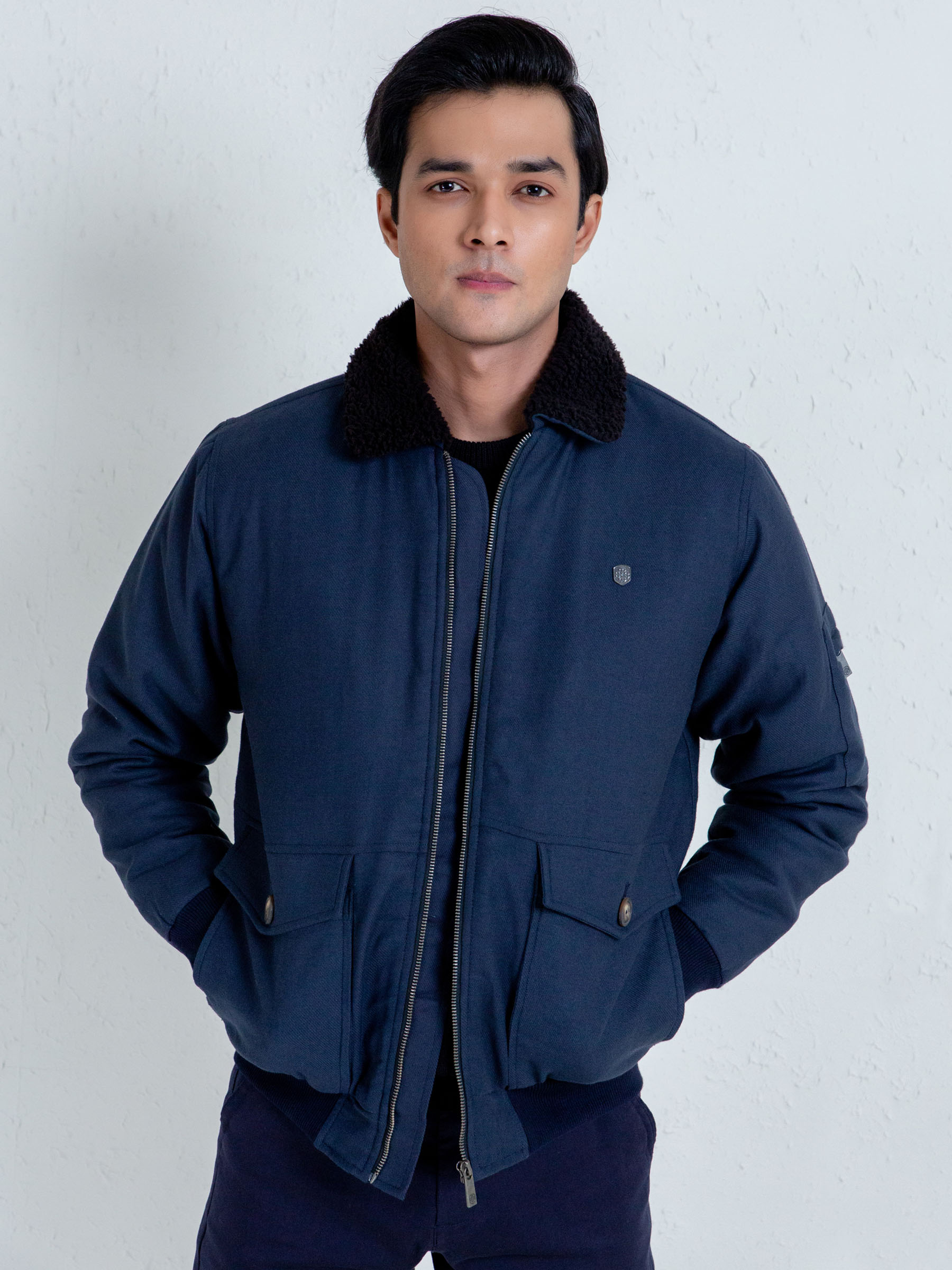Navy Blue Aviator Jacket With Sherpa Collar