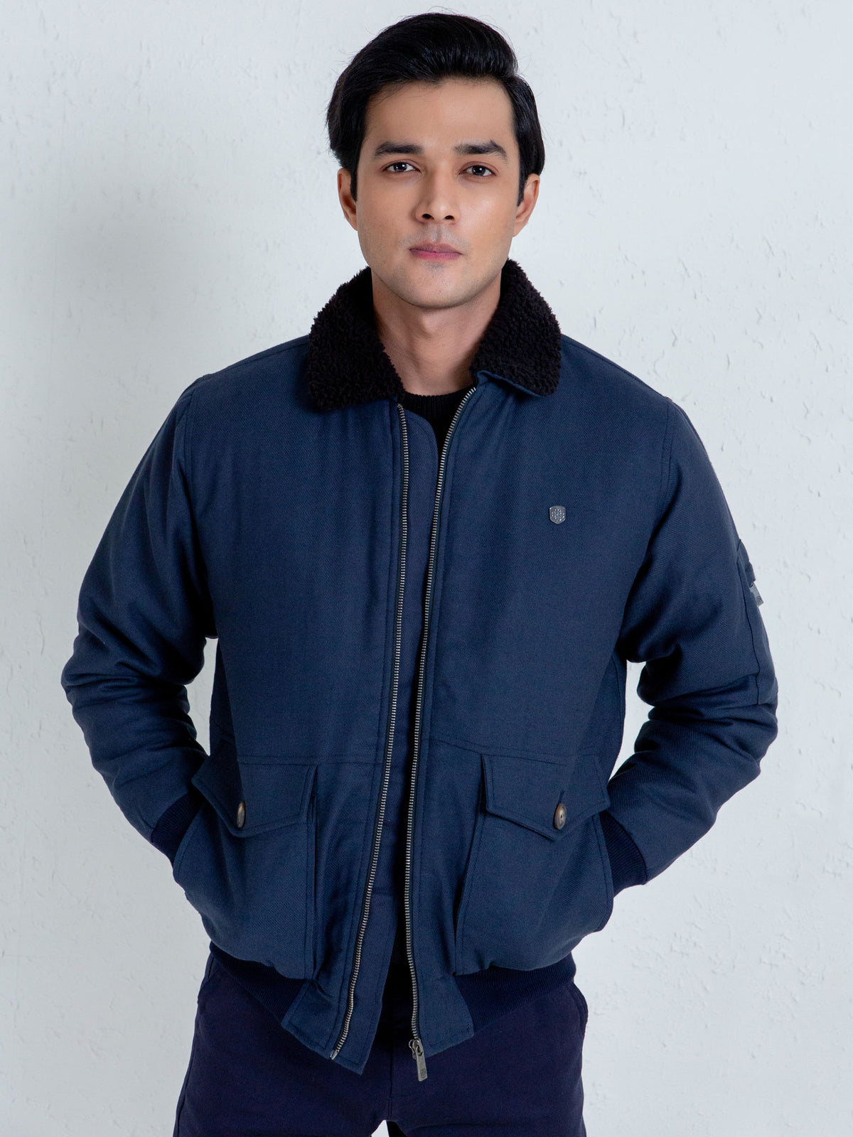 Navy Blue Aviator Jacket With Sherpa Collar