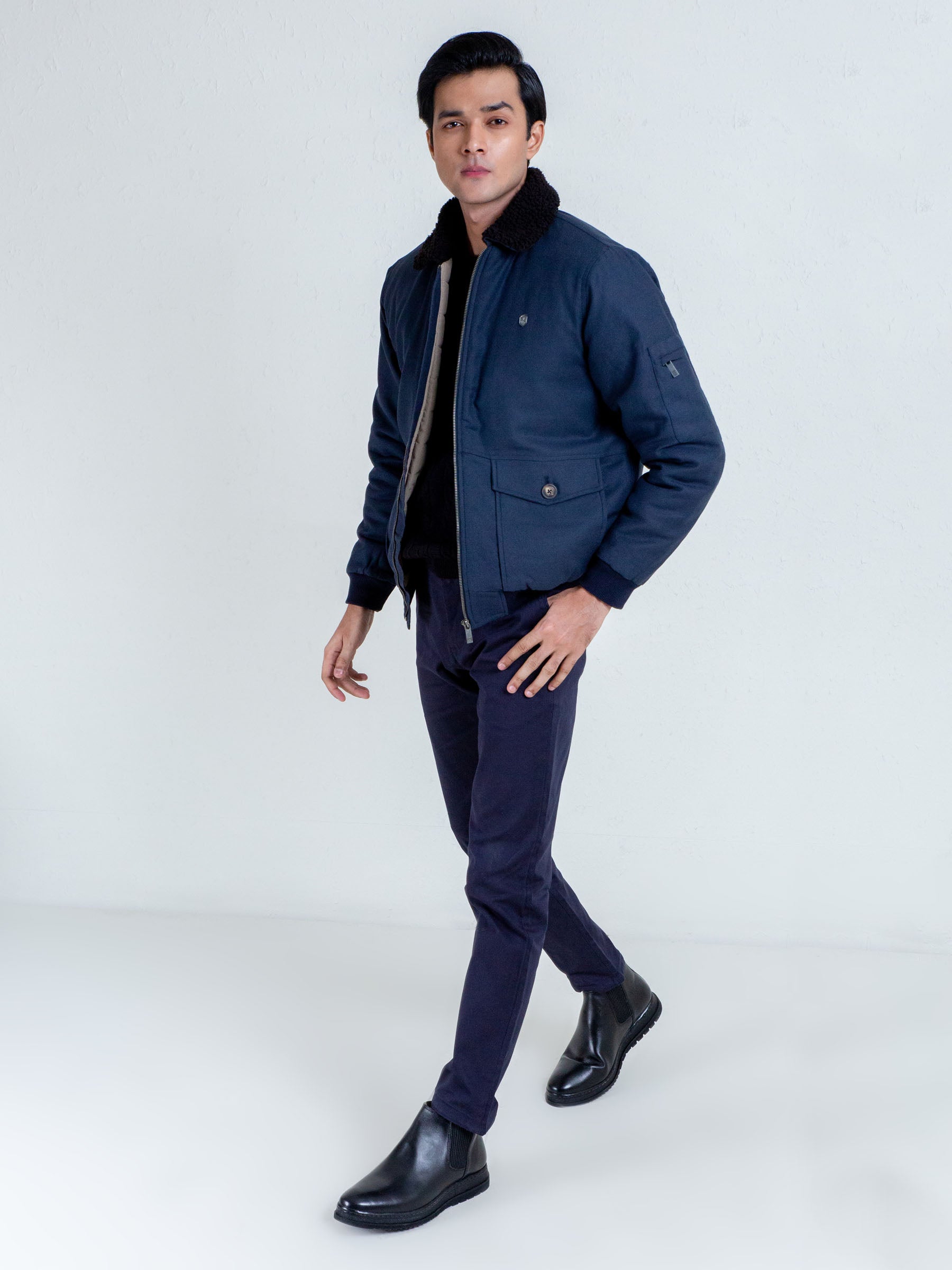 Navy Blue Aviator Jacket With Sherpa Collar