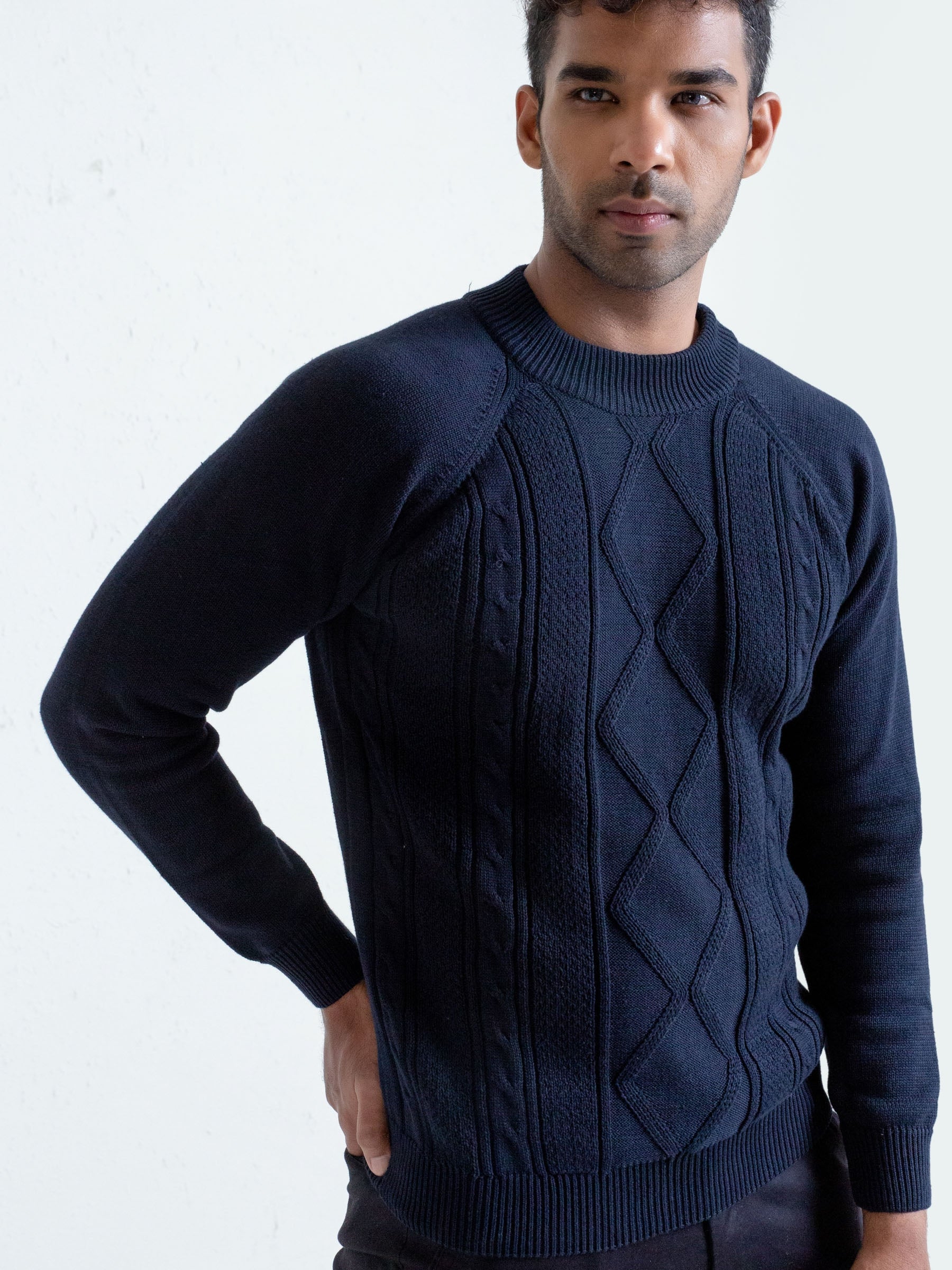 Navy Blue Cable Knitted Mock Neck Sweater