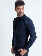 Navy Blue Cable Knitted Mock Neck Sweater