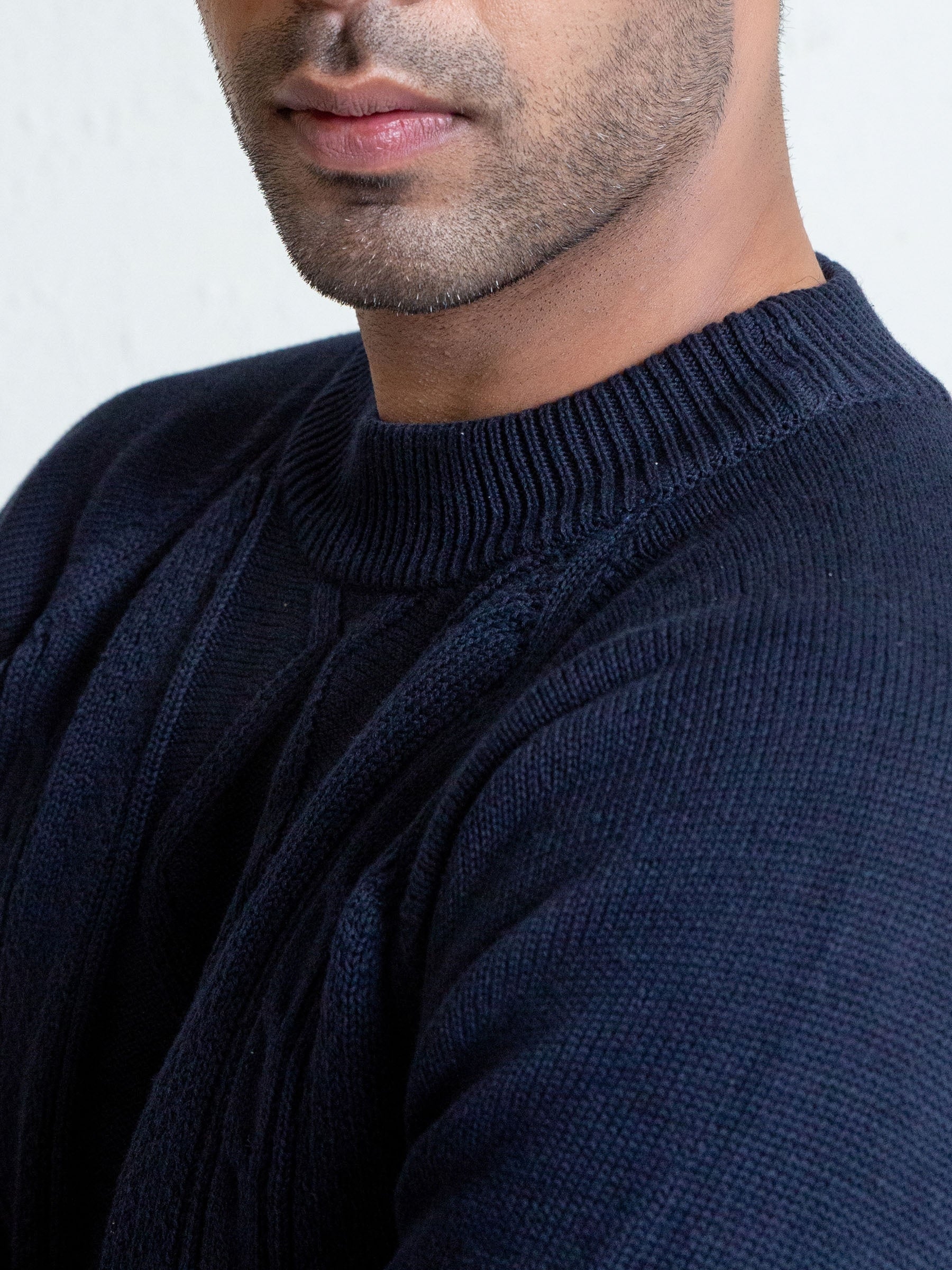 Navy Blue Cable Knitted Mock Neck Sweater