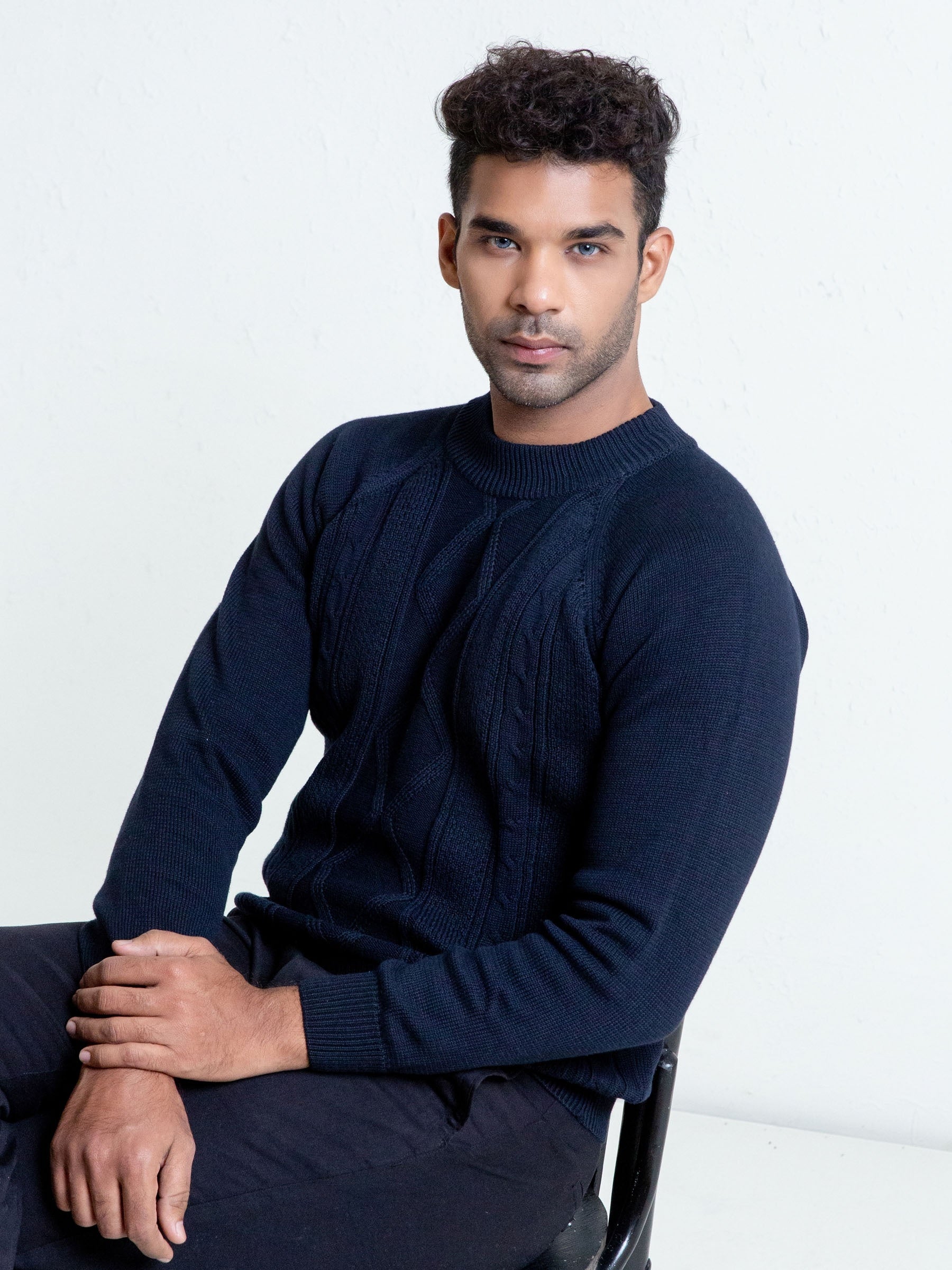 Navy Blue Cable Knitted Mock Neck Sweater