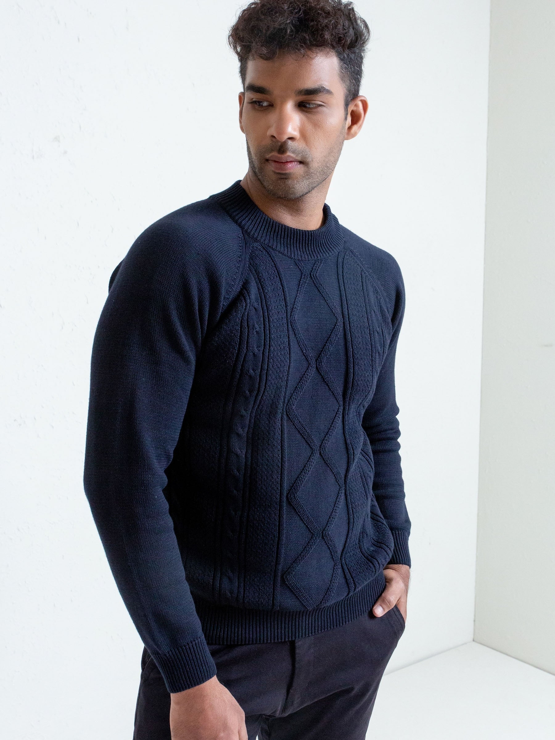 Navy Blue Cable Knitted Mock Neck Sweater