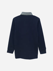 Navy Blue Casual Full Sleeve Polo With Contrasting Collar