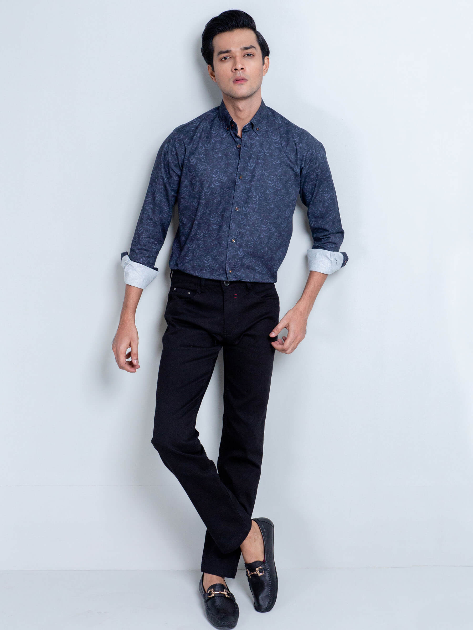 Navy Blue Floral Print Shirt With Detailing