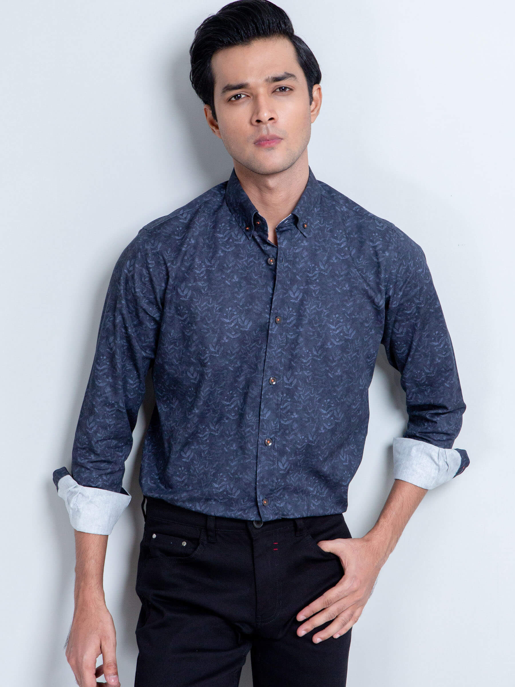 Navy Blue Floral Print Shirt With Detailing