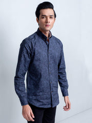 Navy Blue Floral Print Shirt With Detailing