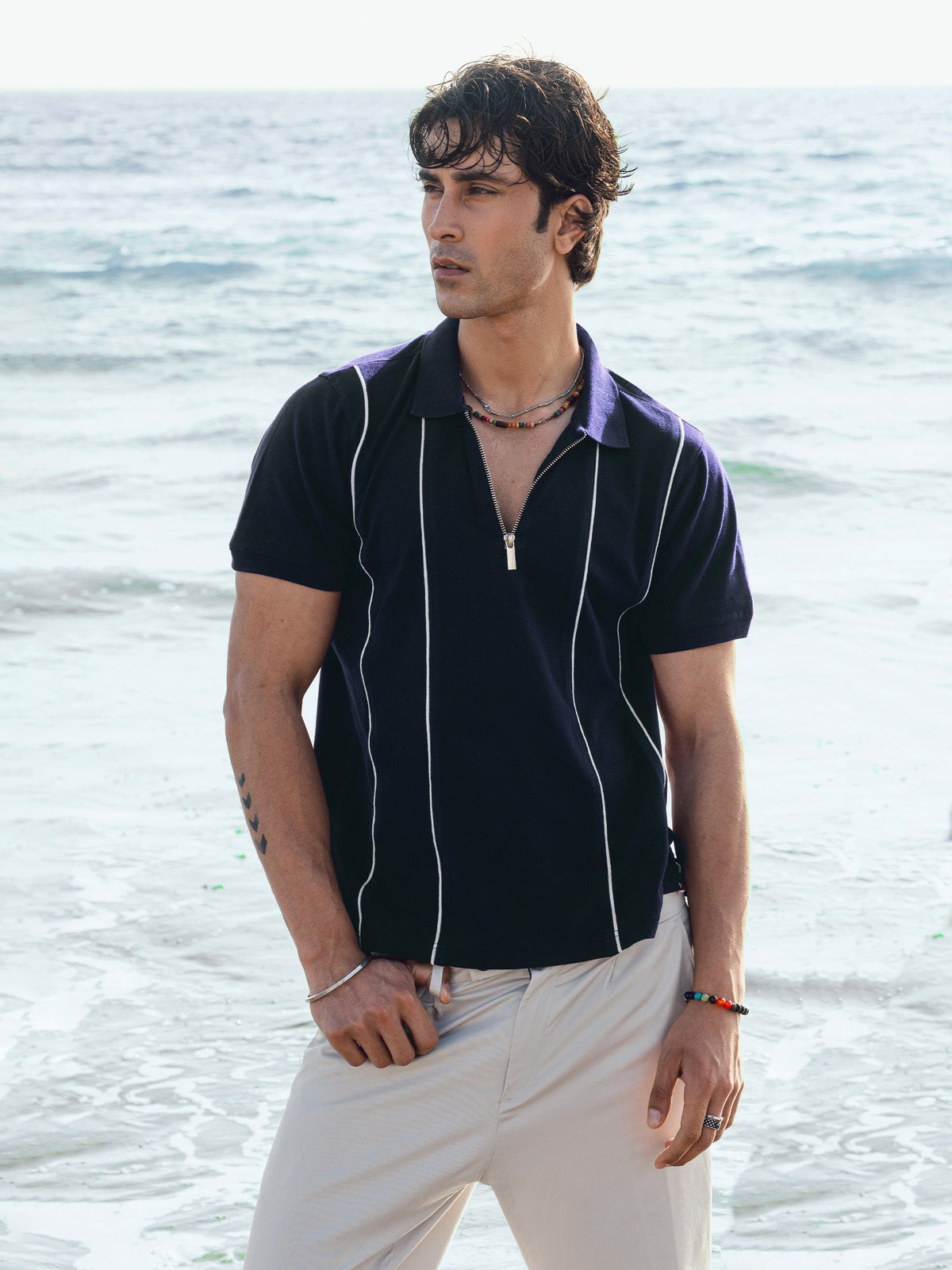 Navy Blue Front Striped Zipper Polo