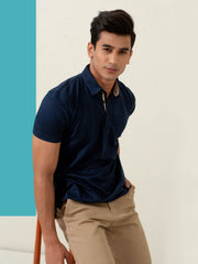 Navy Blue Geo Patterned Mercerized Polo