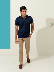 Navy Blue Geo Patterned Mercerized Polo