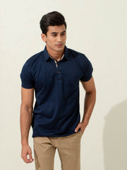 Navy Blue Geo Patterned Mercerized Polo