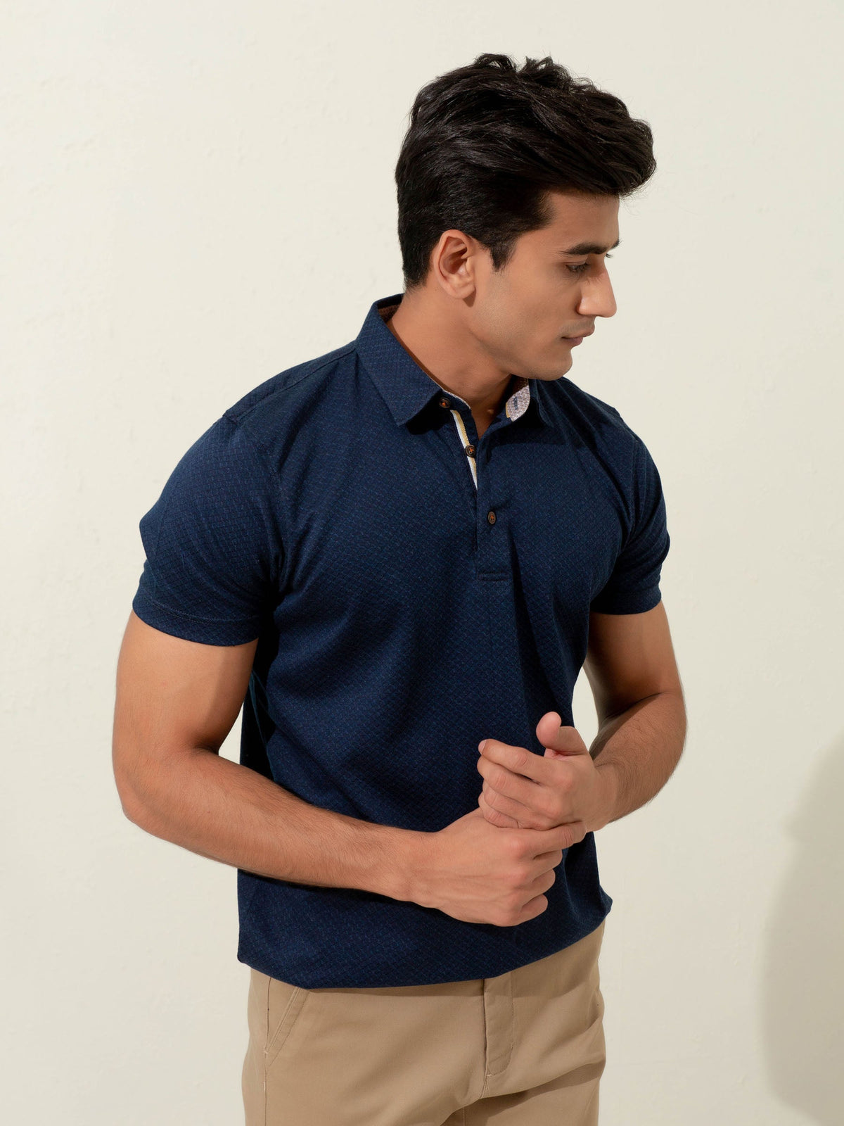 Navy Blue Geo Patterned Mercerized Polo