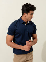 Navy Blue Geo Patterned Mercerized Polo
