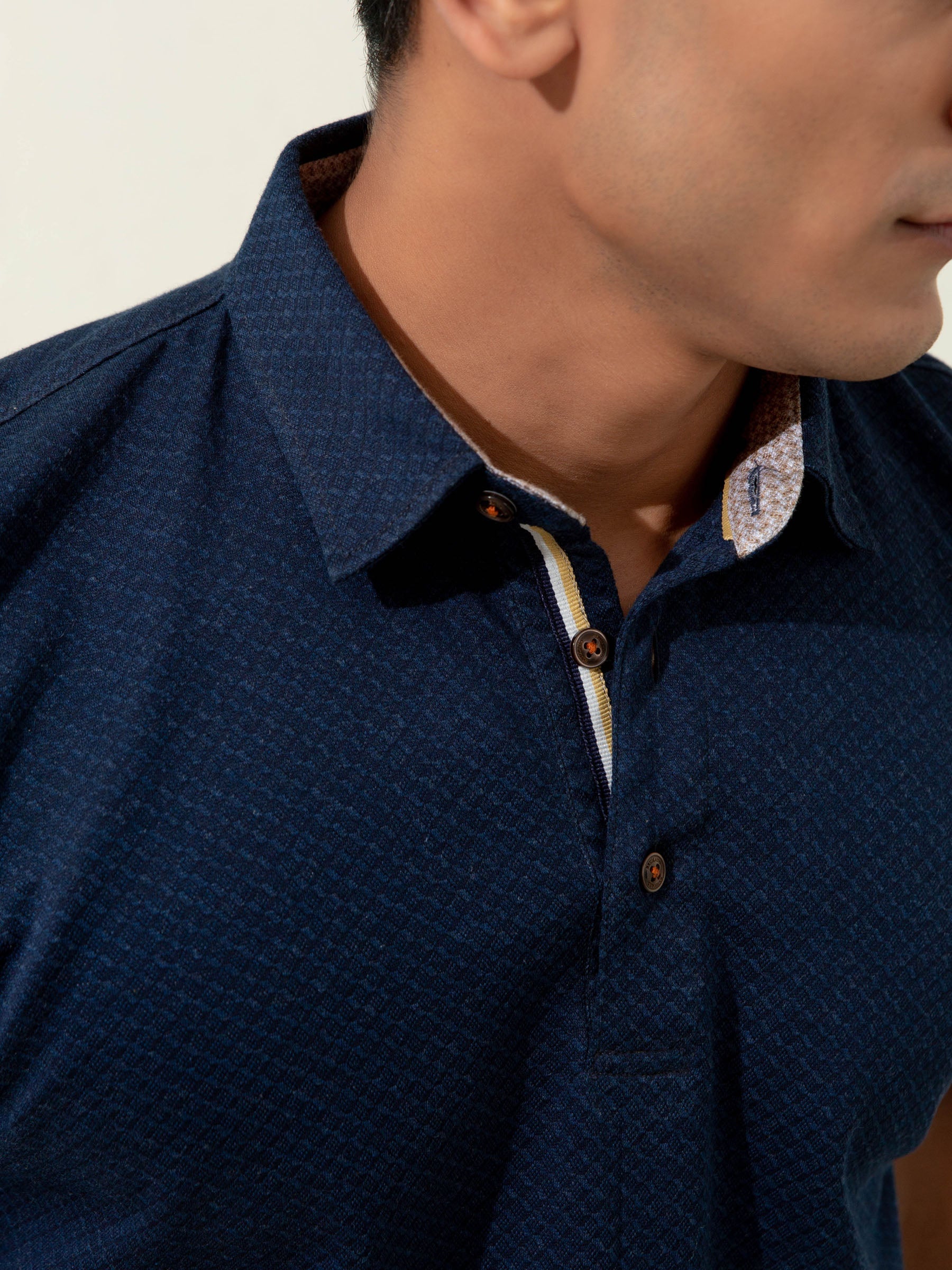 Navy Blue Geo Patterned Mercerized Polo