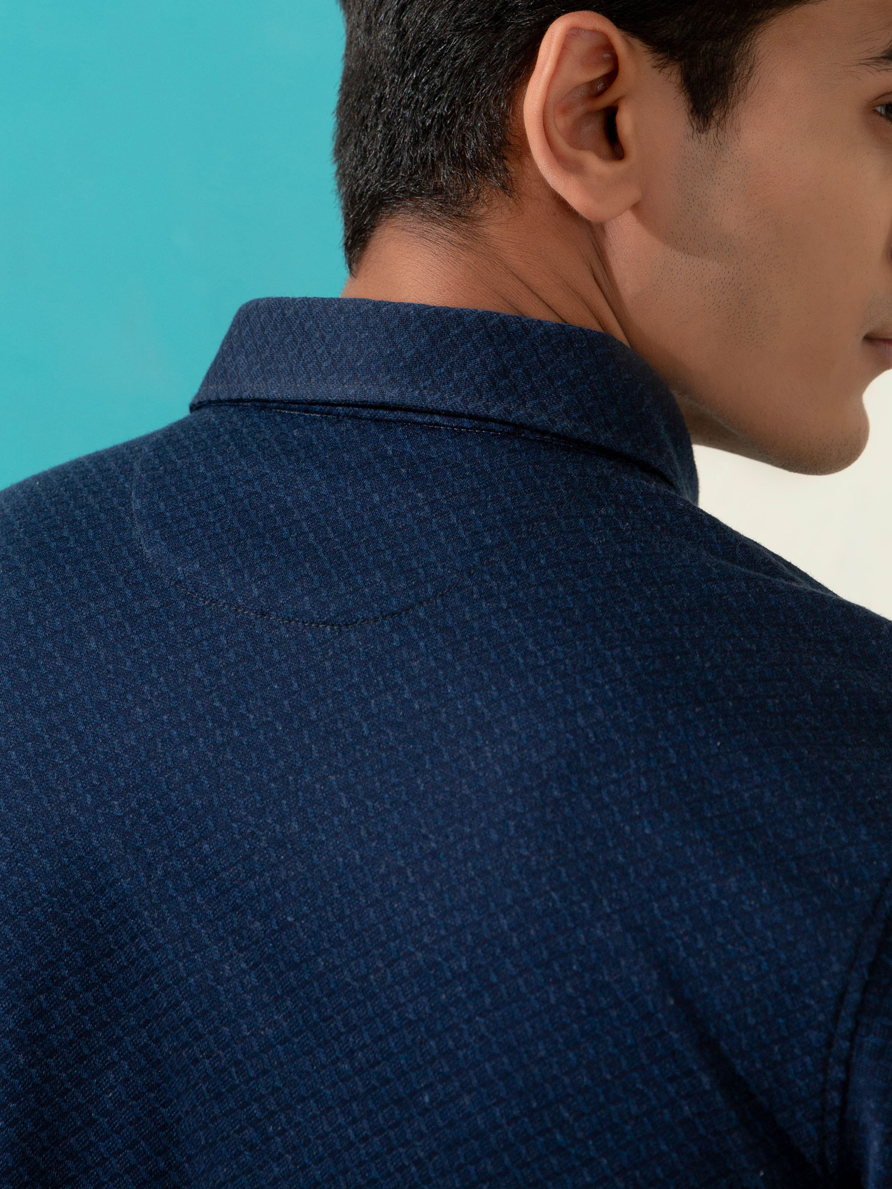 Navy Blue Geo Patterned Mercerized Polo