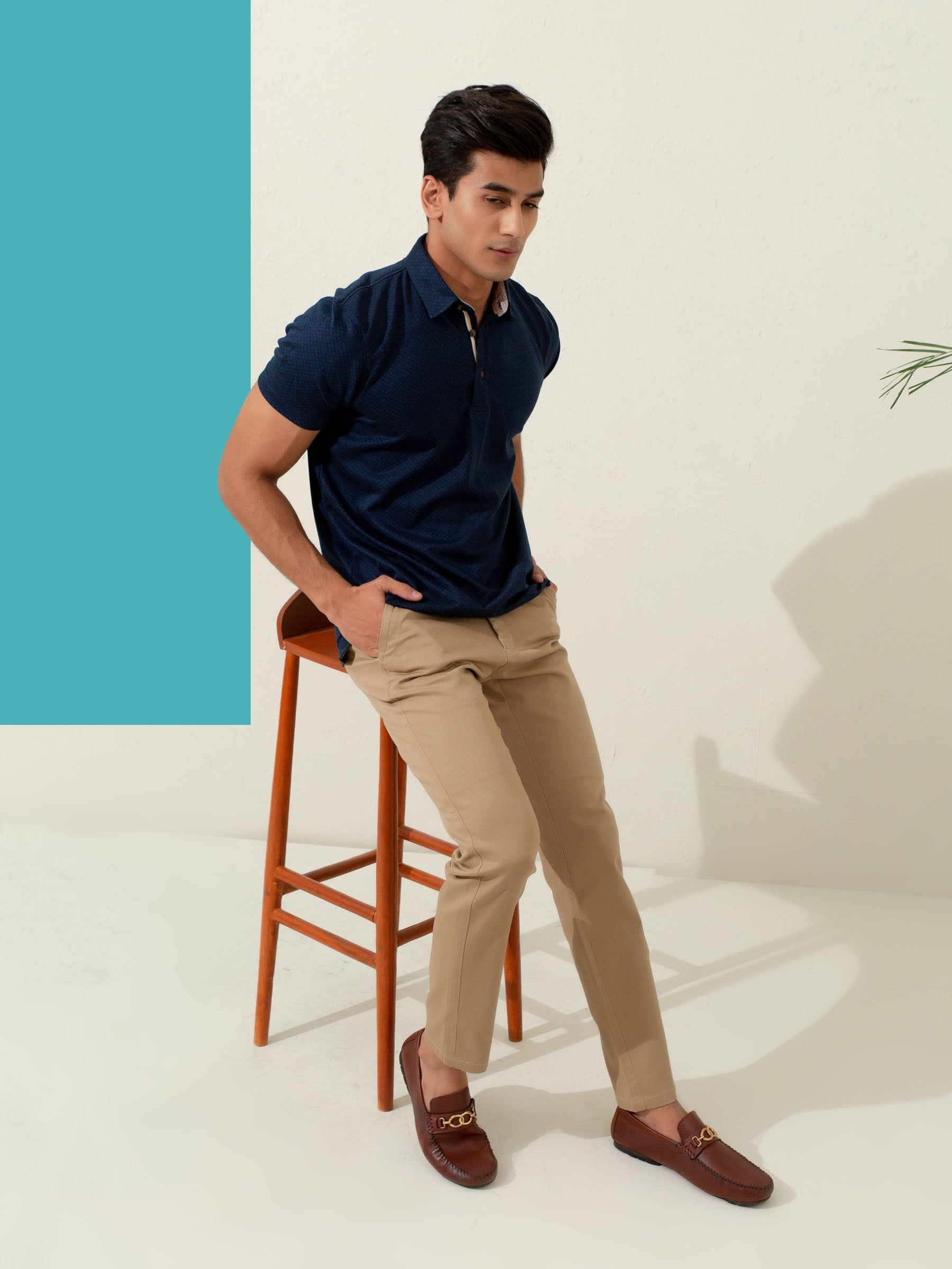 Navy Blue Geo Patterned Mercerized Polo