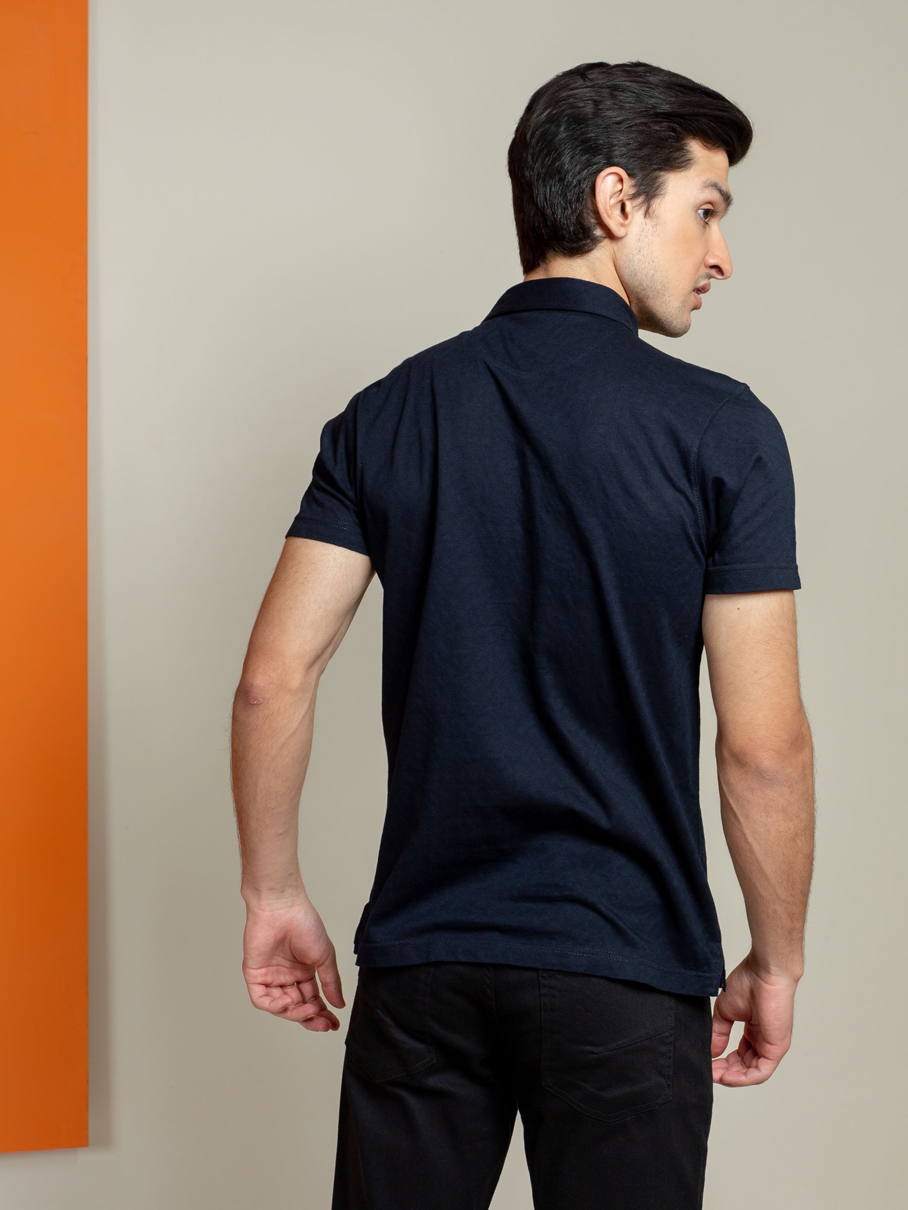 Navy Blue Jacquard Polo Shirt With Floral Detailing