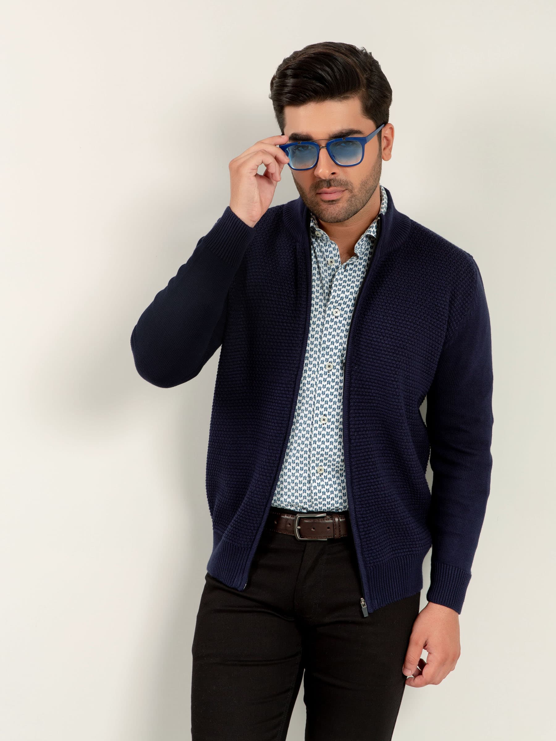 Navy Blue Knitted Textured Zipper