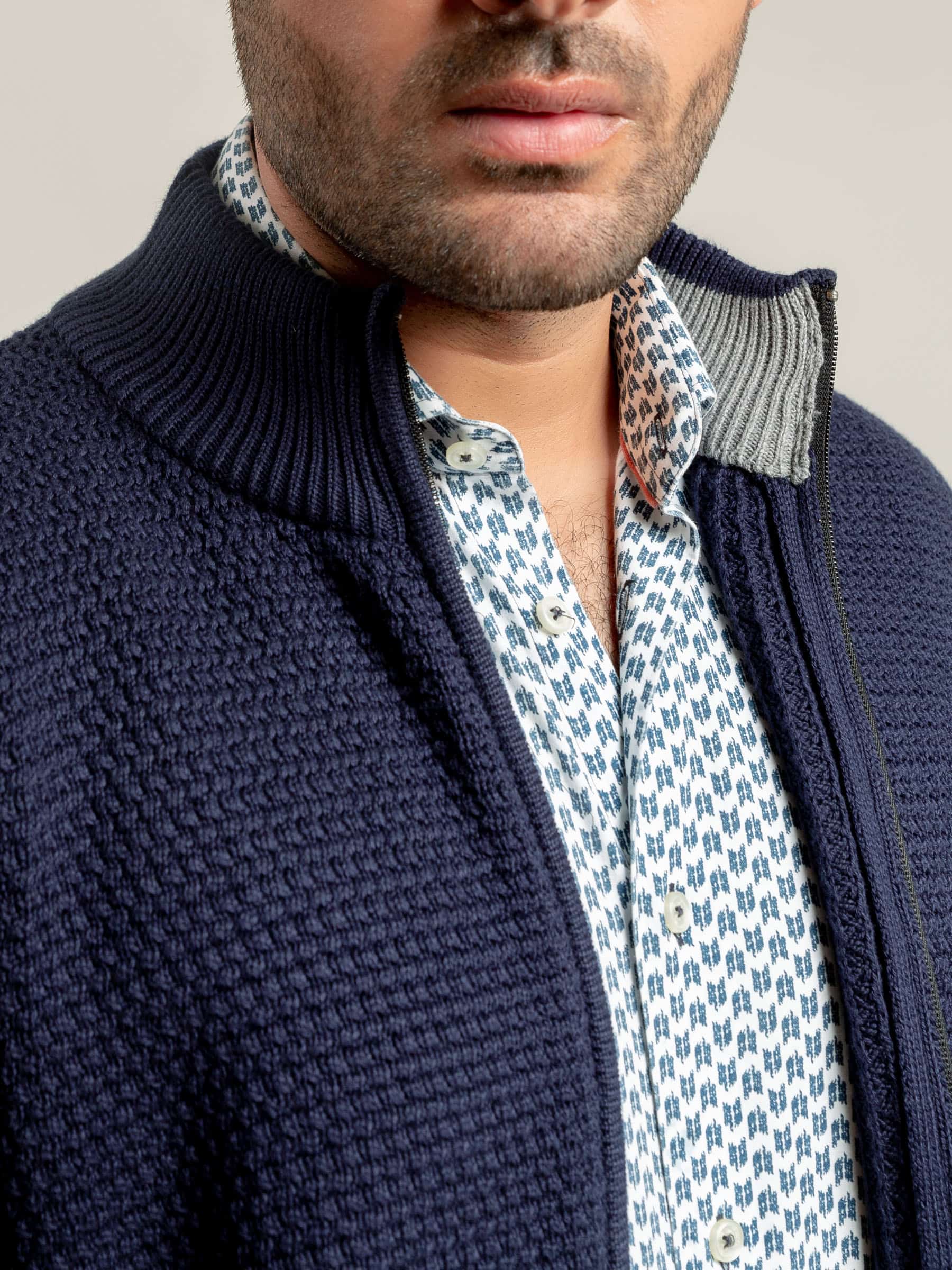 Navy Blue Knitted Textured Zipper