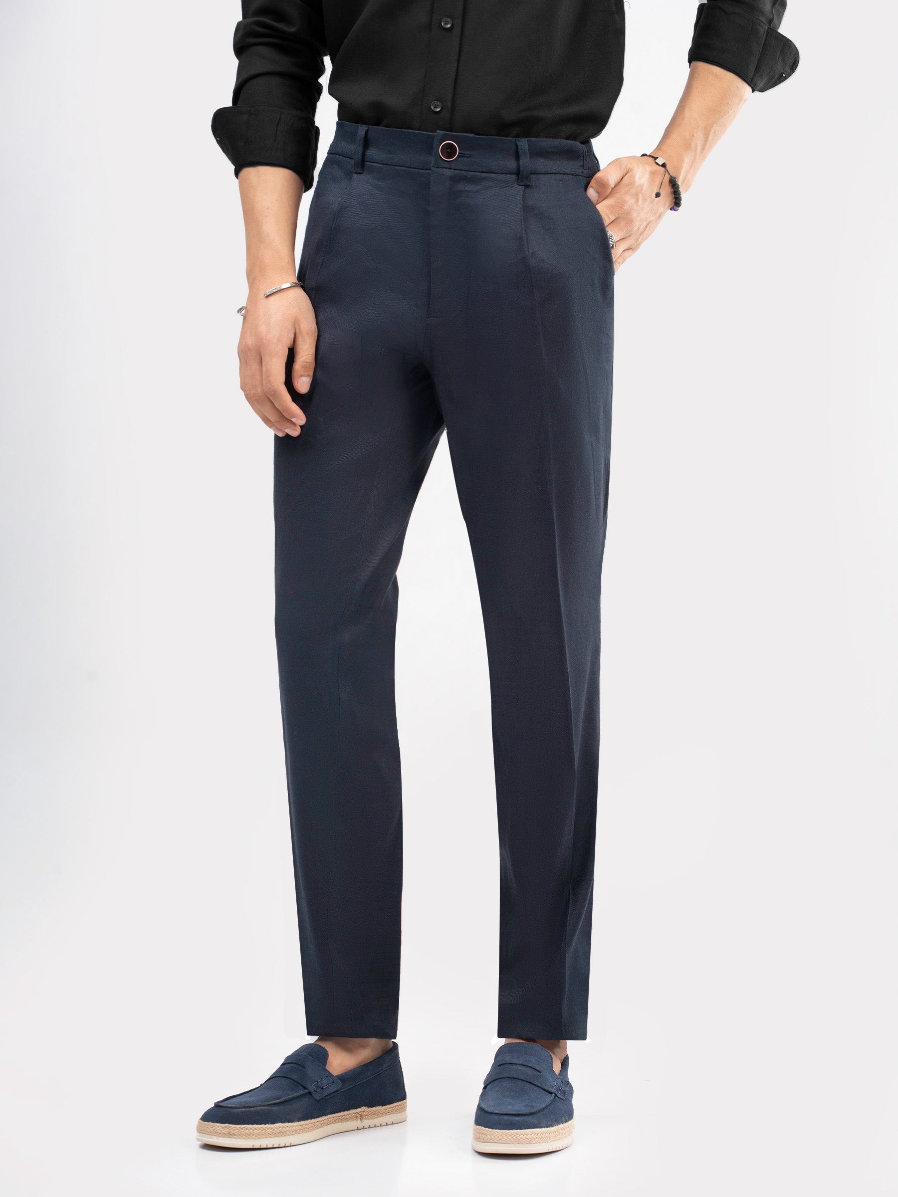Navy Blue Linen Comfort Waist Chinos With Pleats