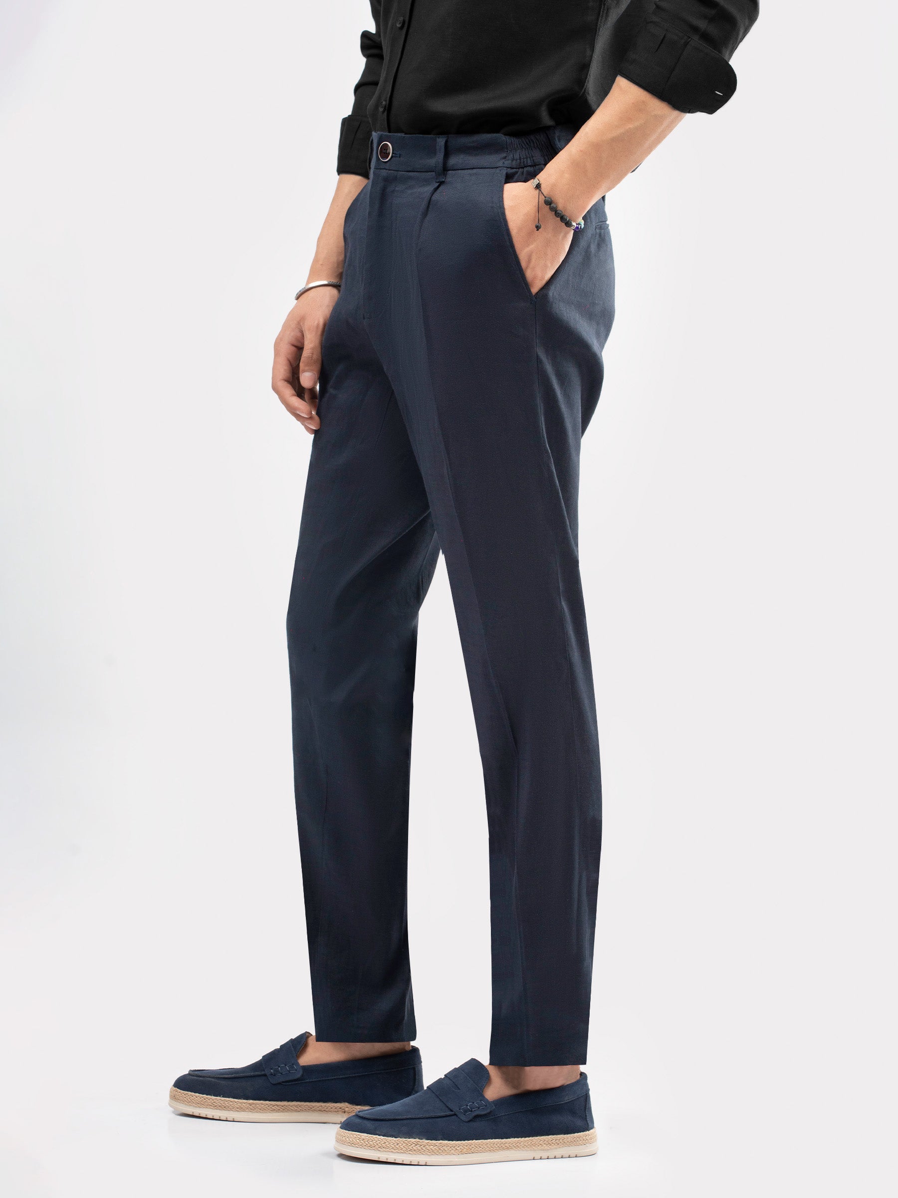 Navy Blue Linen Comfort Waist Chinos With Pleats