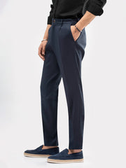 Navy Blue Linen Comfort Waist Chinos With Pleats