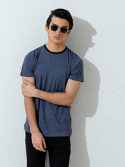 Navy Blue Marl Crew Neck T-Shirt With Contrasting Rib