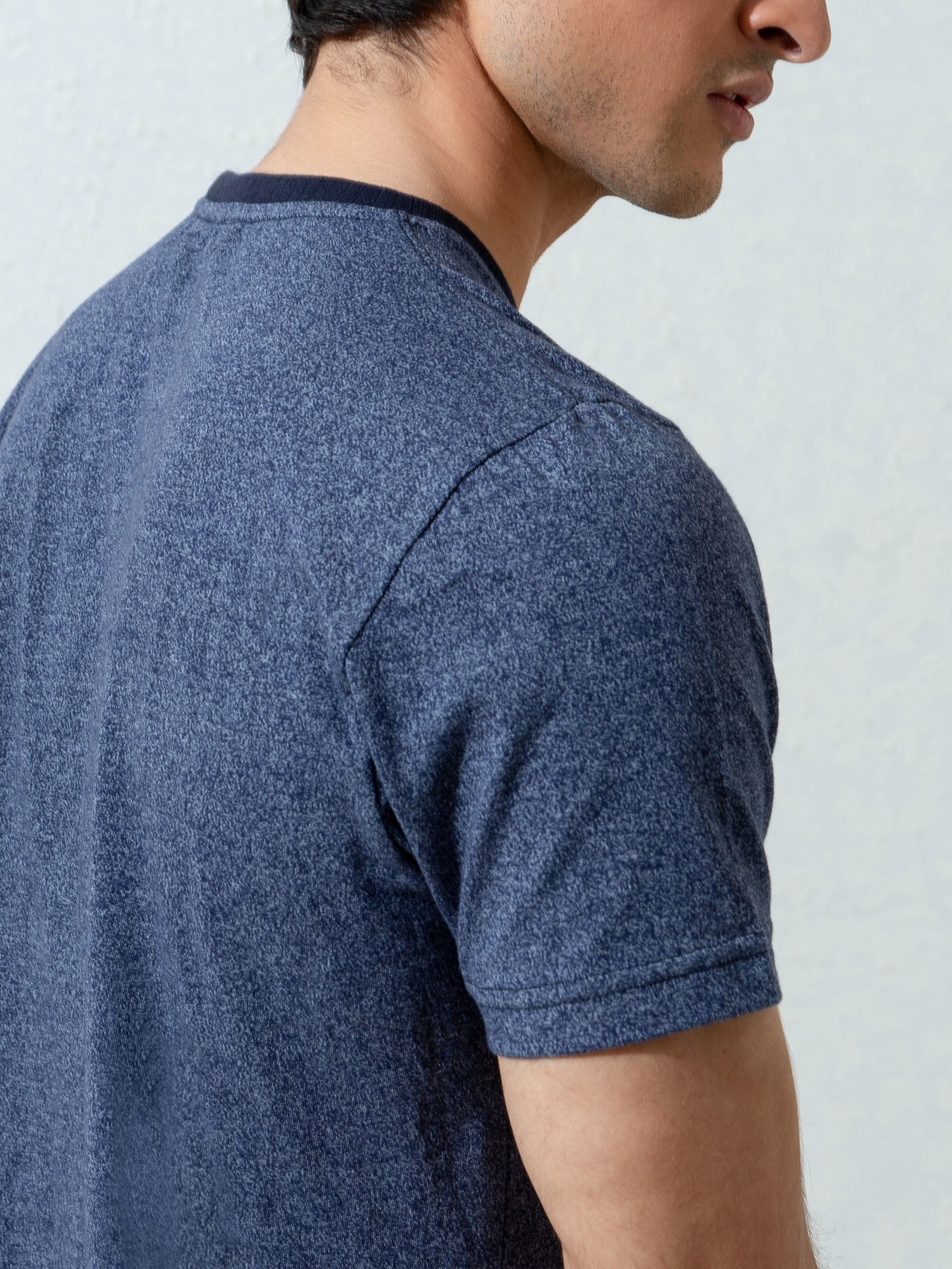 Navy Blue Marl Crew Neck T-Shirt With Contrasting Rib