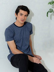 Navy Blue Marl Crew Neck T-Shirt With Contrasting Rib