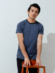 Navy Blue Marl Crew Neck T-Shirt With Contrasting Rib