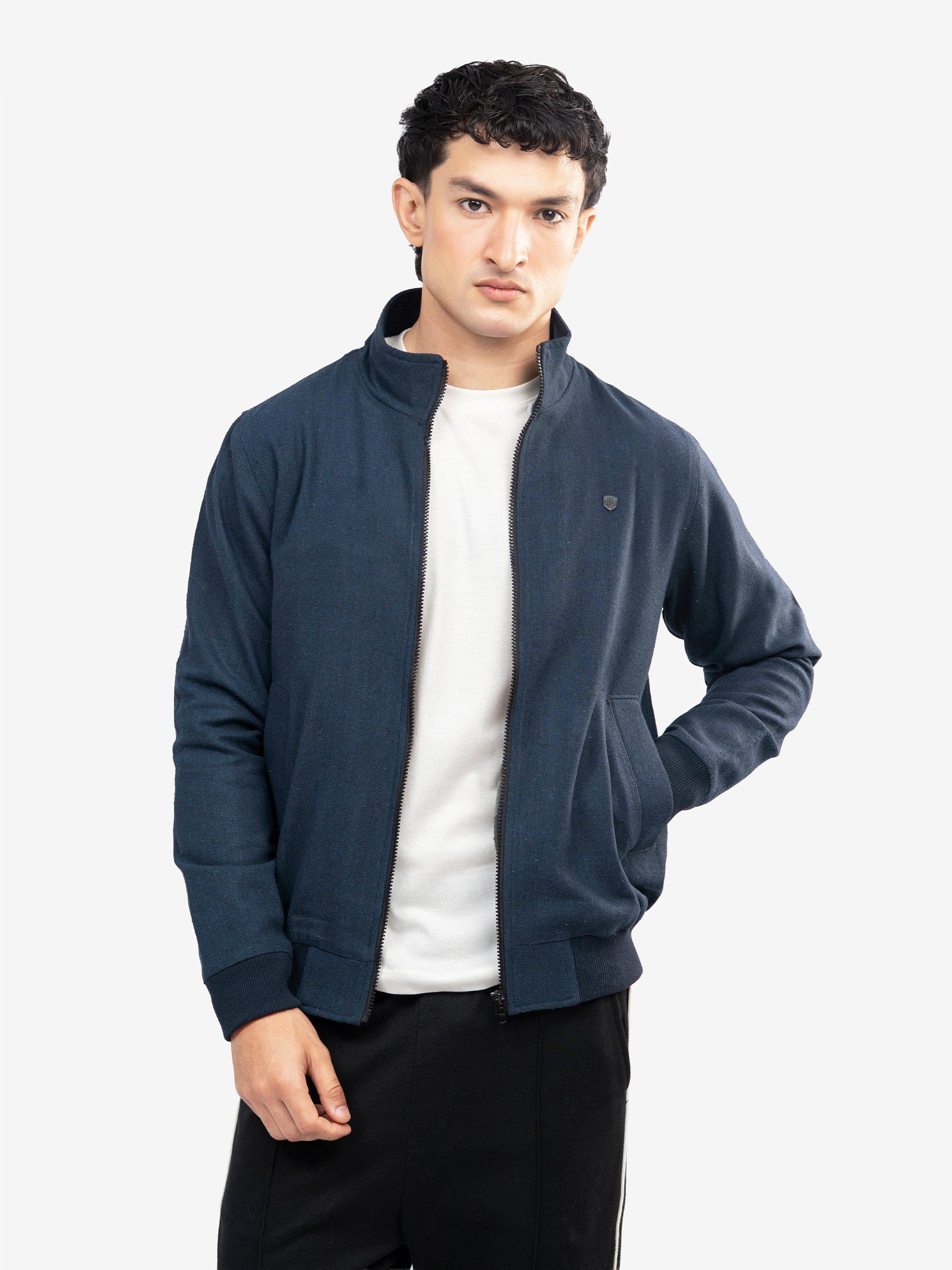 Navy Blue Mock Neck Zipper Jacket