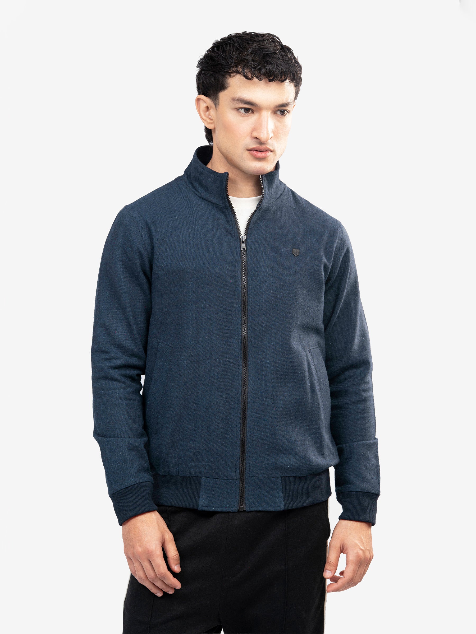 Navy Blue Mock Neck Zipper Jacket