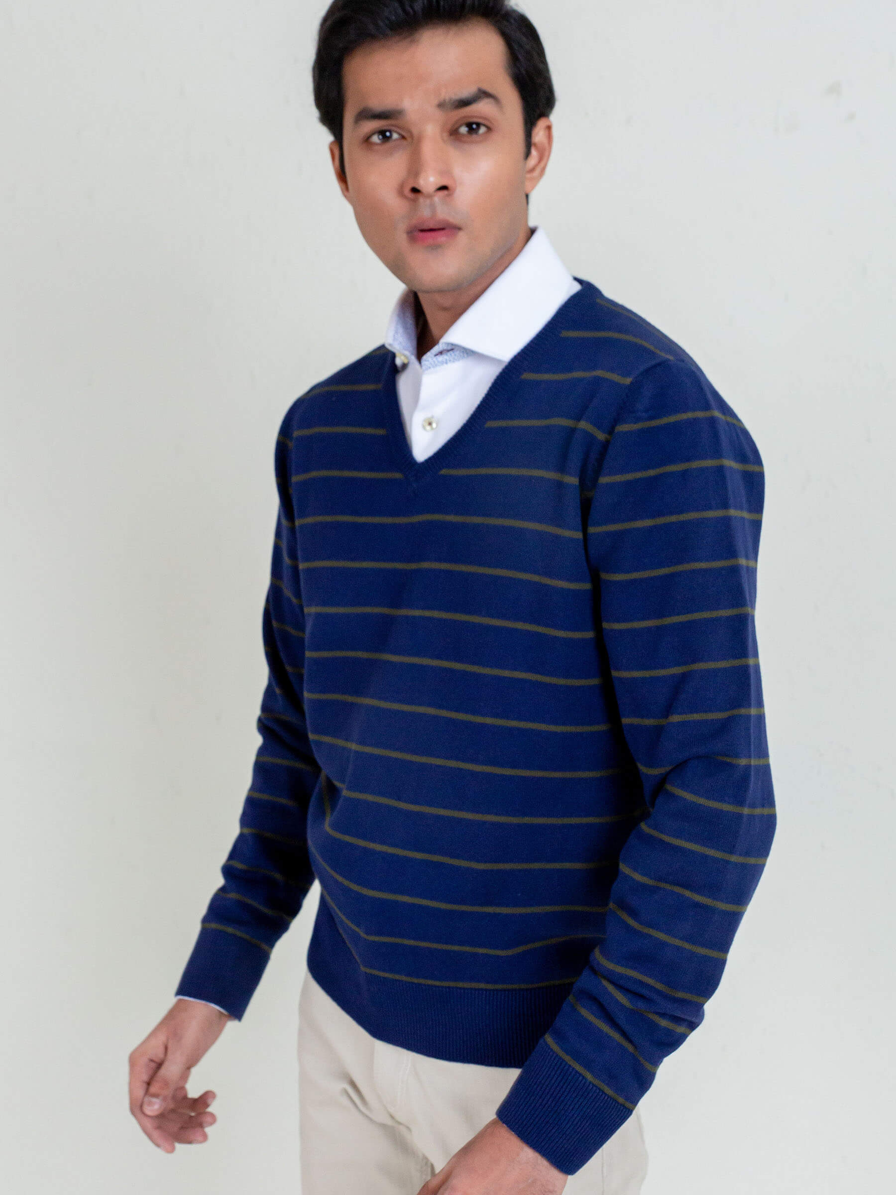 Navy Blue & Olive Striped V-Neck Sweater