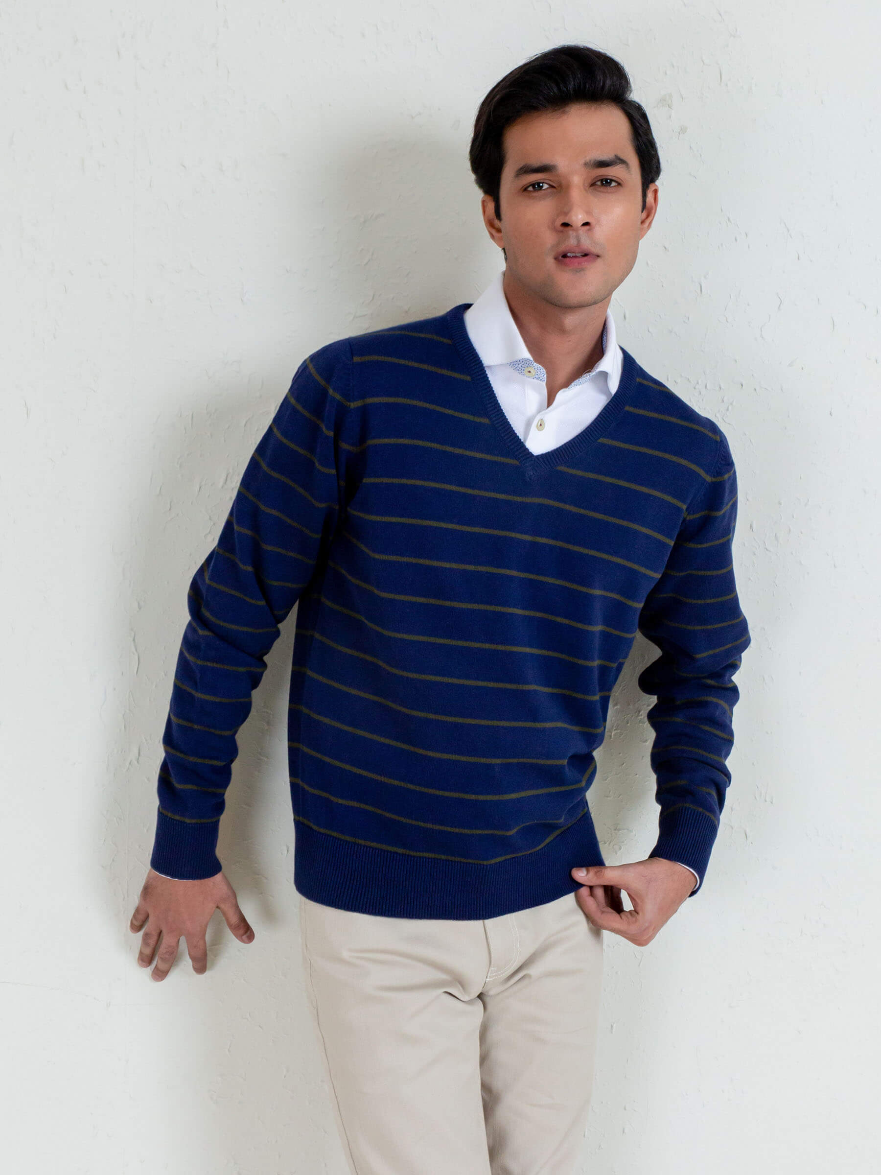 Navy Blue & Olive Striped V-Neck Sweater
