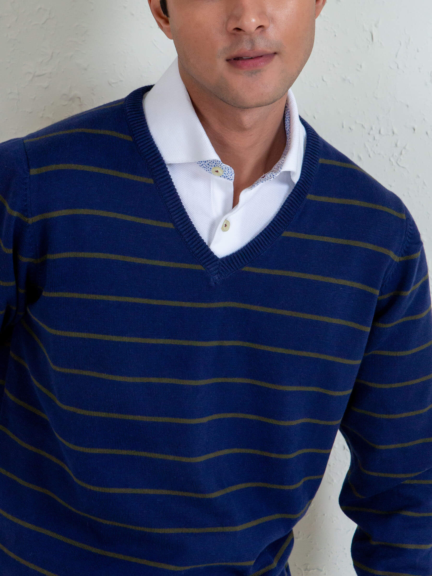 Navy Blue & Olive Striped V-Neck Sweater