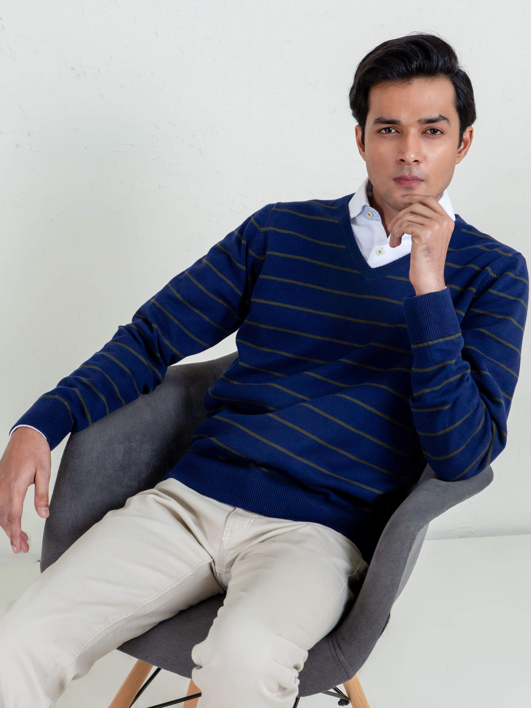 Navy Blue & Olive Striped V-Neck Sweater