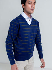Navy Blue & Olive Striped V-Neck Sweater
