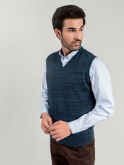 Navy Blue Patterned Sleeveless V-Neck Sweater