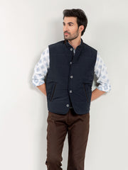 Navy Blue Quilted Sleeveless Vest With Leather Detailing