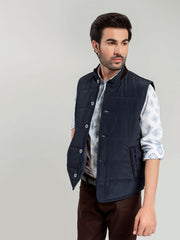 Navy Blue Quilted Sleeveless Vest With Leather Detailing