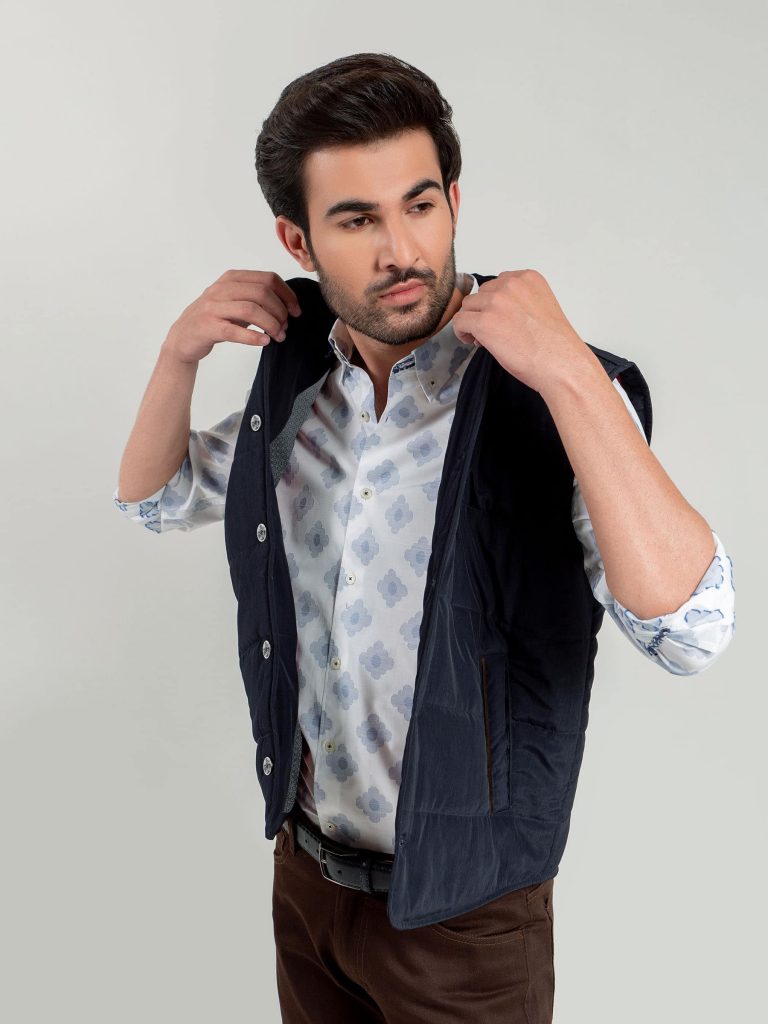 Navy Blue Quilted Sleeveless Vest With Leather Detailing