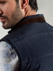 Navy Blue Quilted Sleeveless Vest With Leather Detailing