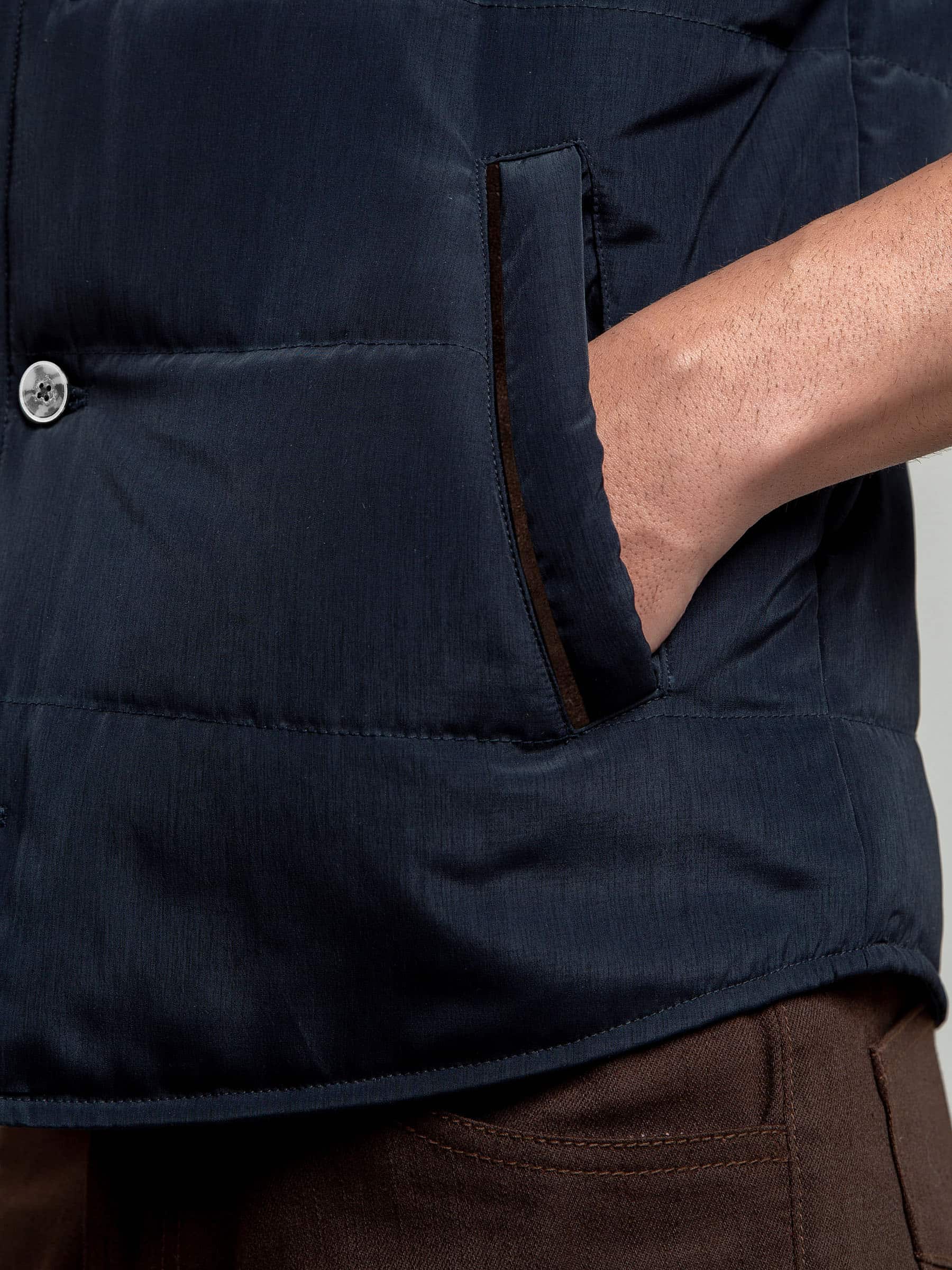 Navy Blue Quilted Sleeveless Vest With Leather Detailing