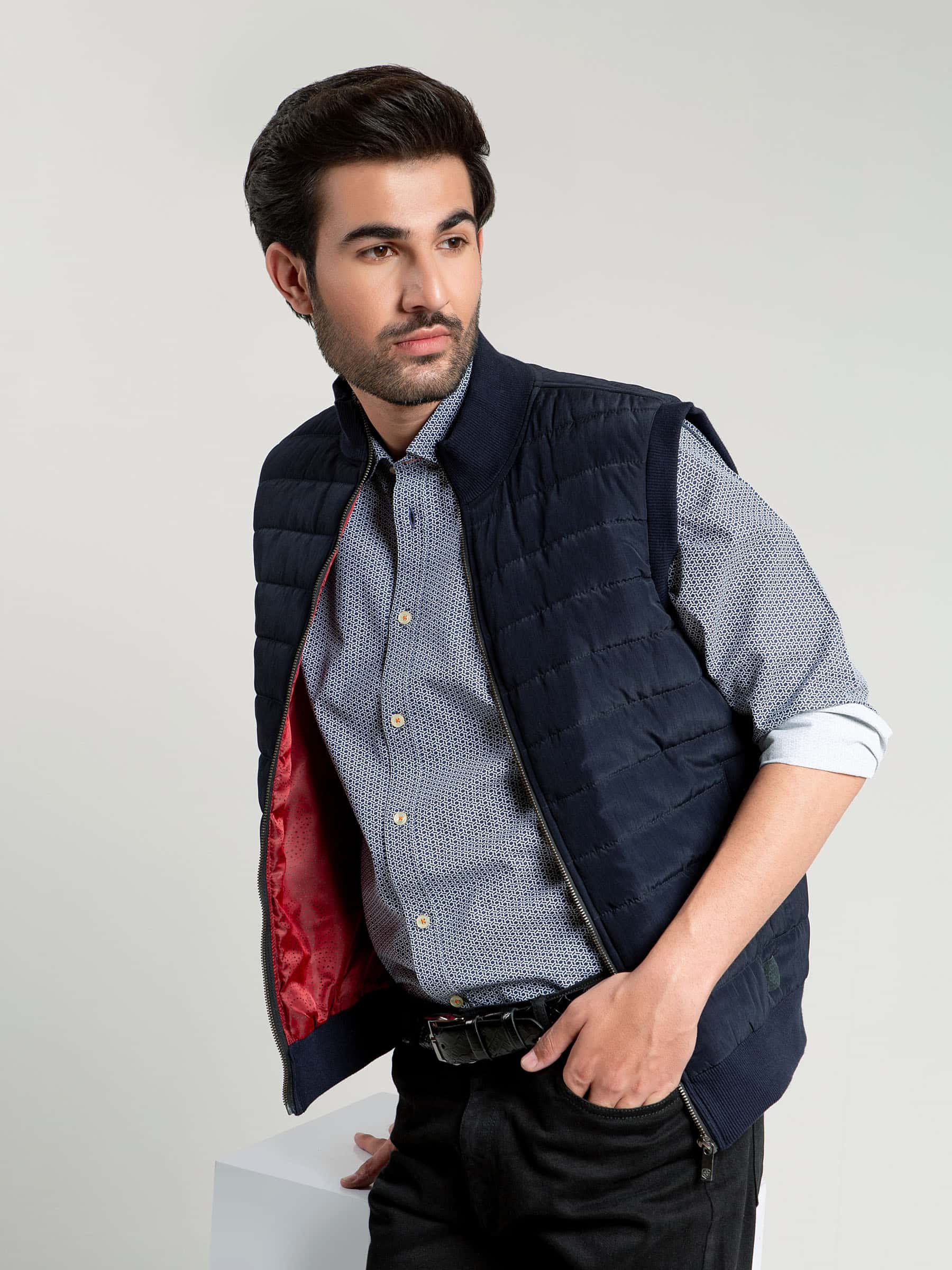 Navy Blue Ribbed Sleeveless Jacket